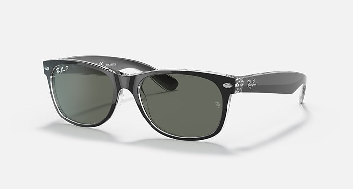 Ray-Ban NEW WAYFARER CLASSIC Black On Transparent; Black with Polarized Green Classic G-15 Solid Color lenses - Quarter