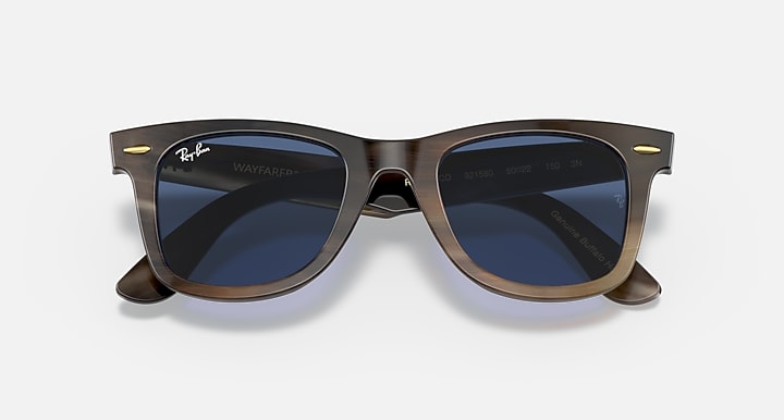Ray-Ban ORIGINAL WAYFARER HORN Light Havana; Light Brown with Blue Solid Color lenses - Closed Front