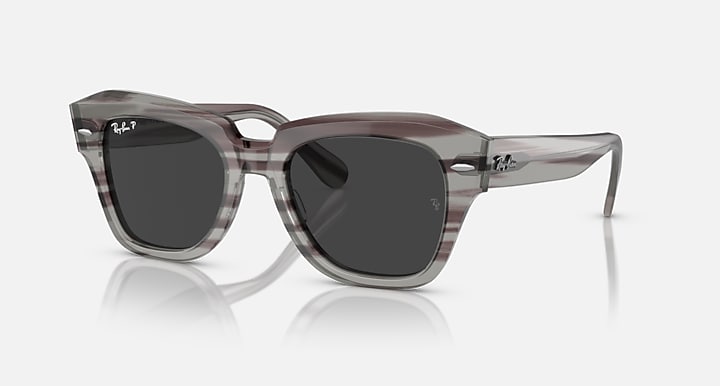 Ray-Ban STATE STREET RELOADED Striped Grey Havana with Black Polarized Solid Color lenses - Quarter