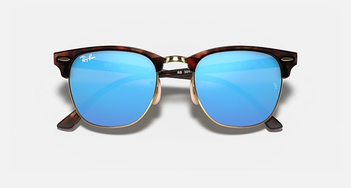 Ray-Ban CLUBMASTER FLASH LENSES Havana On Gold with Blue Flash Solid Color - Mirror lenses - Closed Front