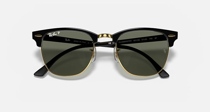 Ray-Ban CLUBMASTER CLASSIC Black & Gold with G-15 Green Polarized Solid Color lenses - Closed Front