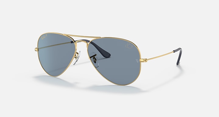 Ray-Ban AVIATOR MICKEY WDW50 Arista Gold with Blue Polarized Solid Color lenses - Quarter