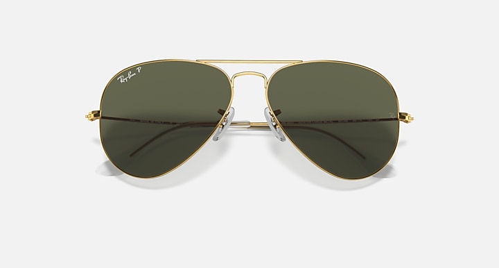 Ray-Ban AVIATOR CLASSIC Arista Gold with G-15 Green Polarized Solid Color lenses - Closed Front