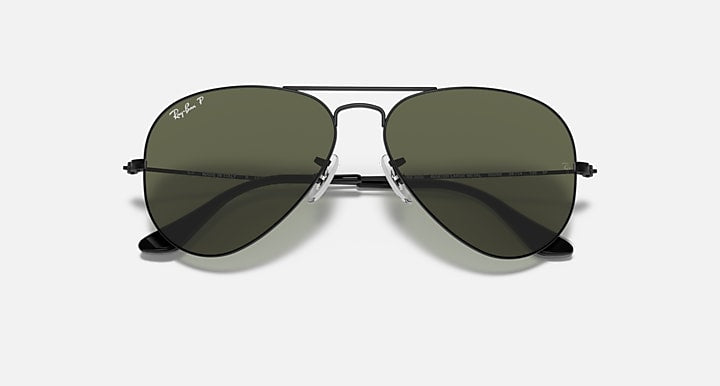 Ray-Ban AVIATOR CLASSIC Black with G-15 Green Polarized Solid Color lenses - Closed Front