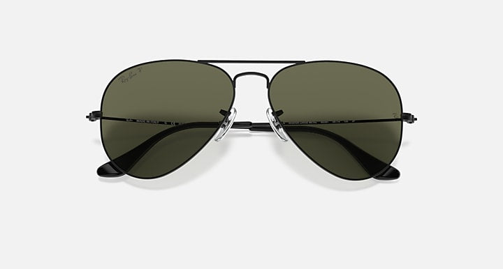 Ray-Ban AVIATOR CLASSIC Black with G-15 Green Polarized Solid Color lenses - Closed Front