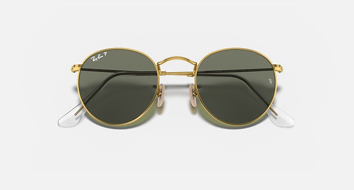 Ray-Ban ROUND METAL Arista Gold with G-15 Green Polarized Solid Color lenses - Closed Front