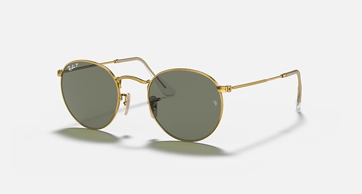 Ray-Ban ROUND METAL Arista Gold with G-15 Green Polarized Solid Color lenses - Quarter