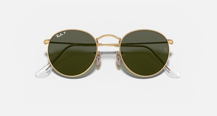 Ray-Ban ROUND METAL Gold with G-15 Green Polarized Solid Color lenses - Closed Front