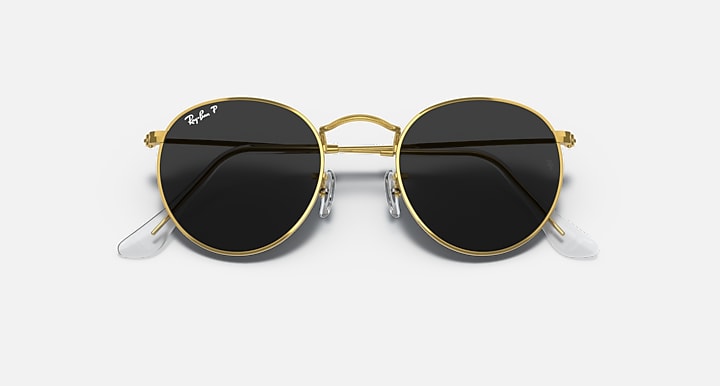Ray-Ban ROUND METAL Gold with Black Polarized Solid Color lenses - Closed Front