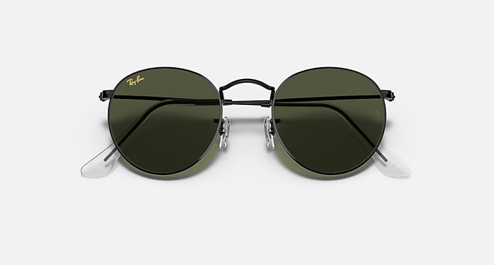 Ray-Ban ROUND METAL LEGEND GOLD Black with G-15 Green Solid Color lenses - Closed Front