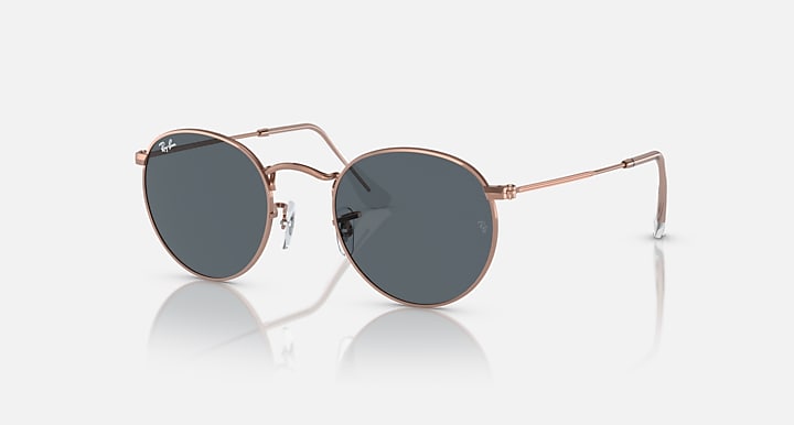 Ray-Ban ROUND METAL ROSE GOLD Rose Gold with Blue Solid Color lenses - Quarter
