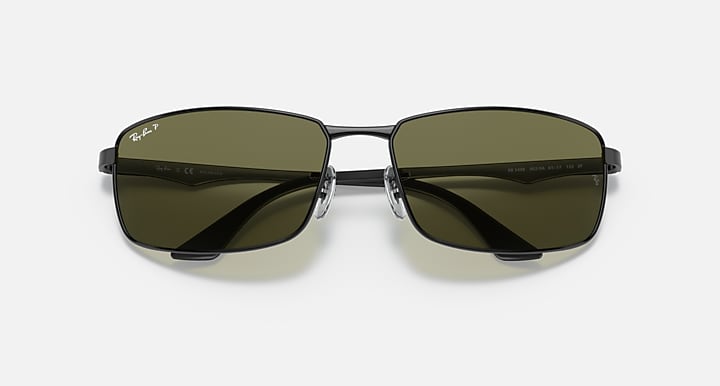 Ray-Ban RB3498 Black with G-15 Green Polarized Solid Color lenses - Closed Front