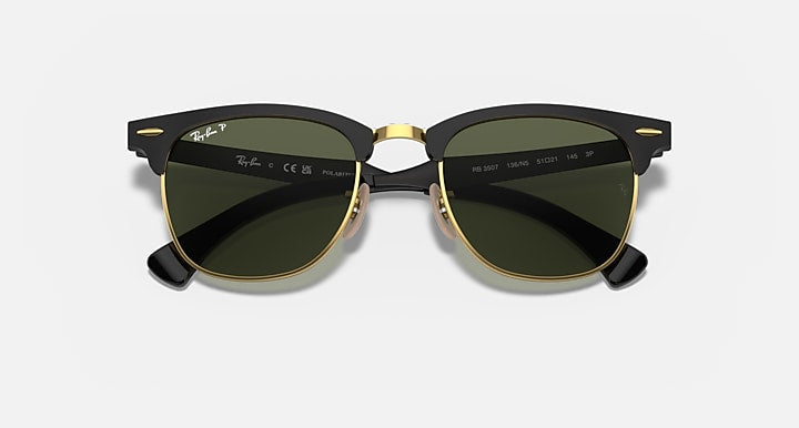 Ray-Ban CLUBMASTER ALUMINUM Black On Gold with G-15 Green Polarized Solid Color lenses - Closed Front