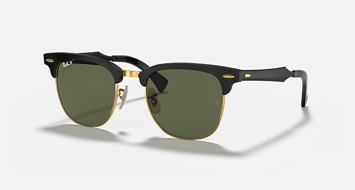 Ray-Ban CLUBMASTER ALUMINUM Black On Gold with G-15 Green Polarized Solid Color lenses - Quarter
