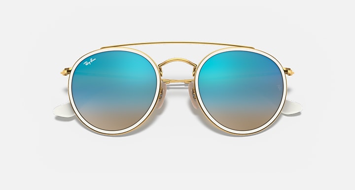 Ray-Ban ROUND DOUBLE BRIDGE Arista Gold with Blue Flash Gradient - Mirror lenses - Closed Front