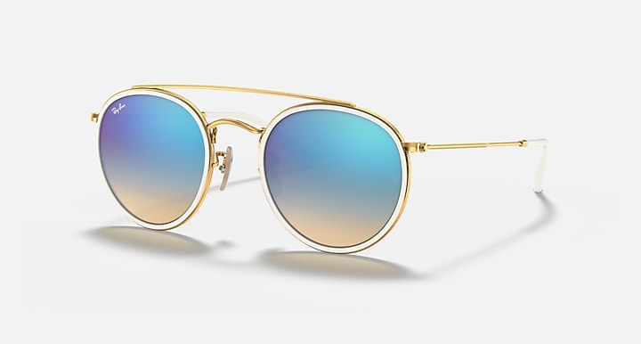 Ray-Ban ROUND DOUBLE BRIDGE Arista Gold with Blue Flash Gradient - Mirror lenses - Quarter