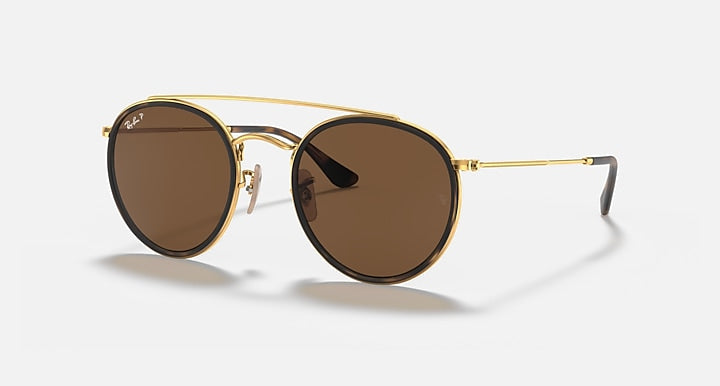 Ray-Ban ROUND DOUBLE BRIDGE Arista Gold with Brown Polarized Solid Color lenses - Quarter