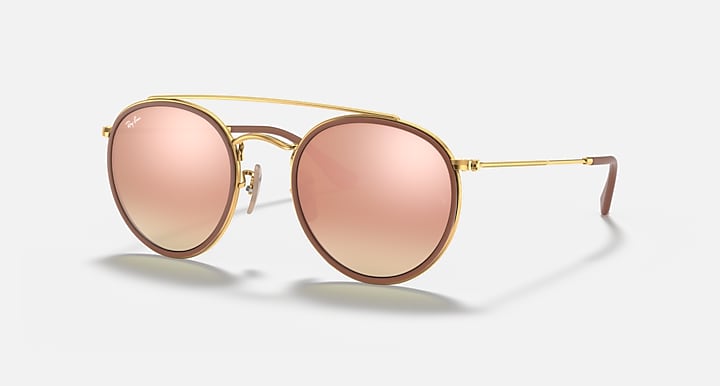 Ray-Ban ROUND DOUBLE BRIDGE Arista Gold with Solid Color Gradient - Mirror lenses - Quarter