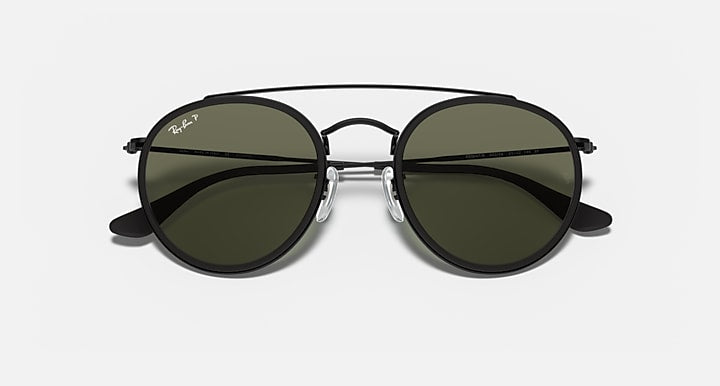 Ray-Ban ROUND DOUBLE BRIDGE Black with G-15 Green Polarized Solid Color lenses - Closed Front