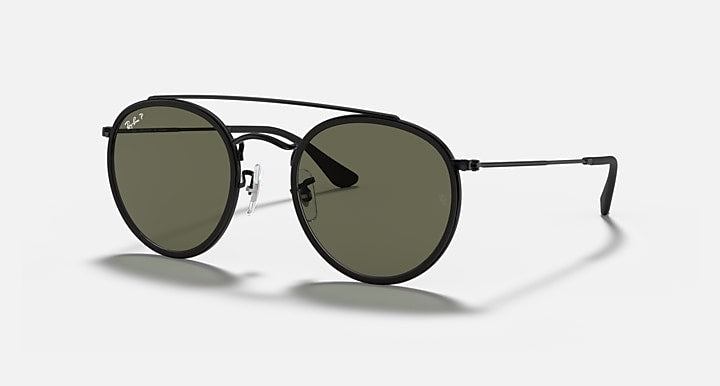 Ray-Ban ROUND DOUBLE BRIDGE Black with G-15 Green Polarized Solid Color lenses - Quarter