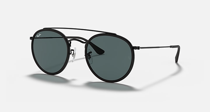 Ray-Ban ROUND DOUBLE BRIDGE Black with Blue/Grey Solid Color lenses - Quarter