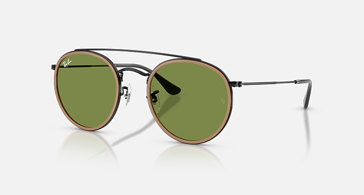 Ray-Ban ROUND DOUBLE BRIDGE Black with Green Solid Color lenses - Quarter
