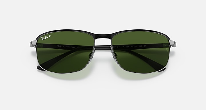Ray-Ban RB3671 POLARIZED+ LENSES Black On Silver; Black with Dark Green Polarized+ Polarized+ lenses - Closed Front