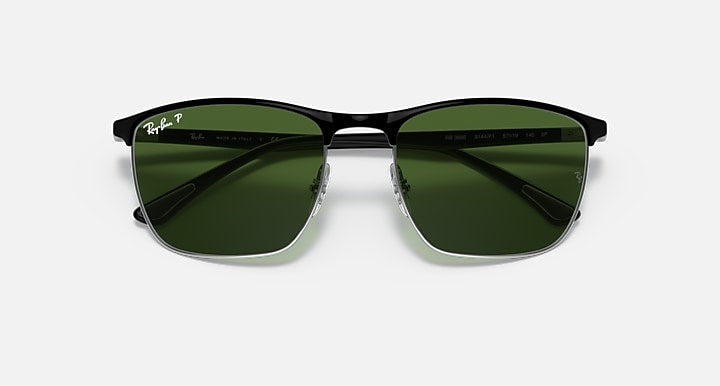 Ray-Ban RB3686 POLARIZED+ LENSES Black On Silver; Black with Dark Green Polarized+ Polarized+ lenses - Closed Front