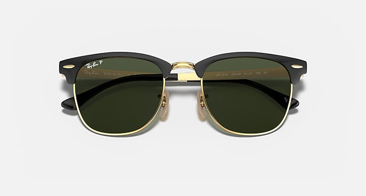 Ray-Ban CLUBMASTER METAL Black On Gold with G-15 Green Polarized Solid Color lenses - Closed Front