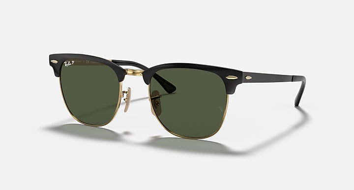 Ray-Ban CLUBMASTER METAL Black On Gold with G-15 Green Polarized Solid Color lenses - Quarter