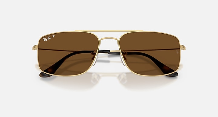 Ray-Ban EXPLORER III Arista Gold with Polarized Brown Solid Color lenses - Closed Front