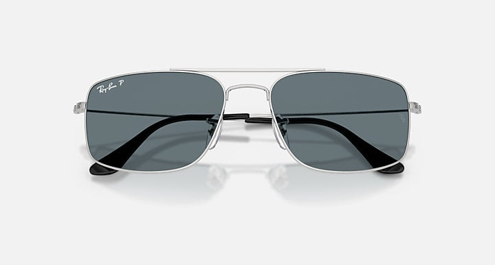 Ray-Ban EXPLORER III Silver with Dark Blue Polarized Solid Color lenses - Closed Front