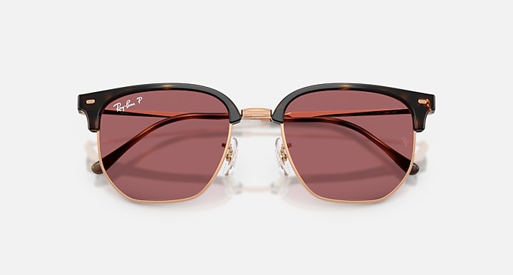 Ray-Ban NEW CLUBMASTER ONLINE ONLY LIMITED Havana On Rose Gold; Rose Gold with Polarized Purple Solid Color lenses - Closed Front