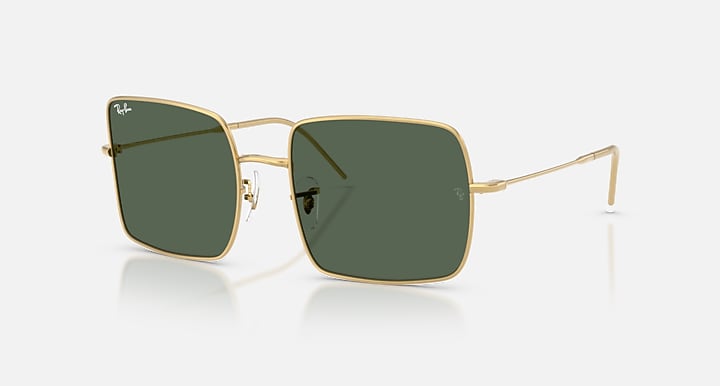 Ray-Ban SQUARE 1971 REVERSE Arista Gold with Dark Green Solid Color lenses - Quarter