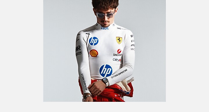 Ray-Ban CHARLES LECLERC DRIVER SPECIAL EDITION 2026 - SCUDERIA FERRARI COLLECTION Transparent with Light Grey Gradient Dark Blue Gradient lenses - On model