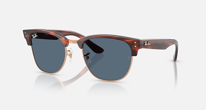 Ray-Ban CLUBMASTER REVERSE Striped Havana On Rose Gold; Striped Havana with Dark Blue Solid Color lenses - Quarter