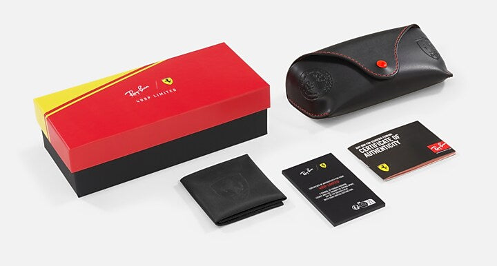 Ray-Ban FERRARI 499P – HYPERCAR Matte Black; Matte Red with Grey Mirror Polarized+ Polarized+ lenses - Packaging